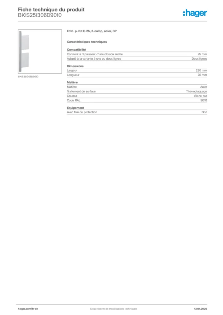 Image Hager Fiche technique du produit BKIS251306D9010 | Hager Suisse