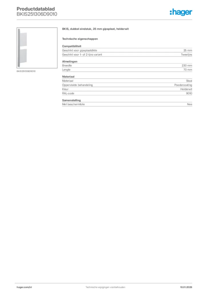 Afbeelding Hager Productdatablad BKIS251306D9010 | Hager Nederland