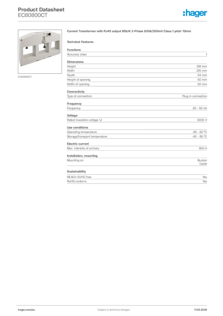 Image Hager Product data sheet EC80800CT  | Hager Australia