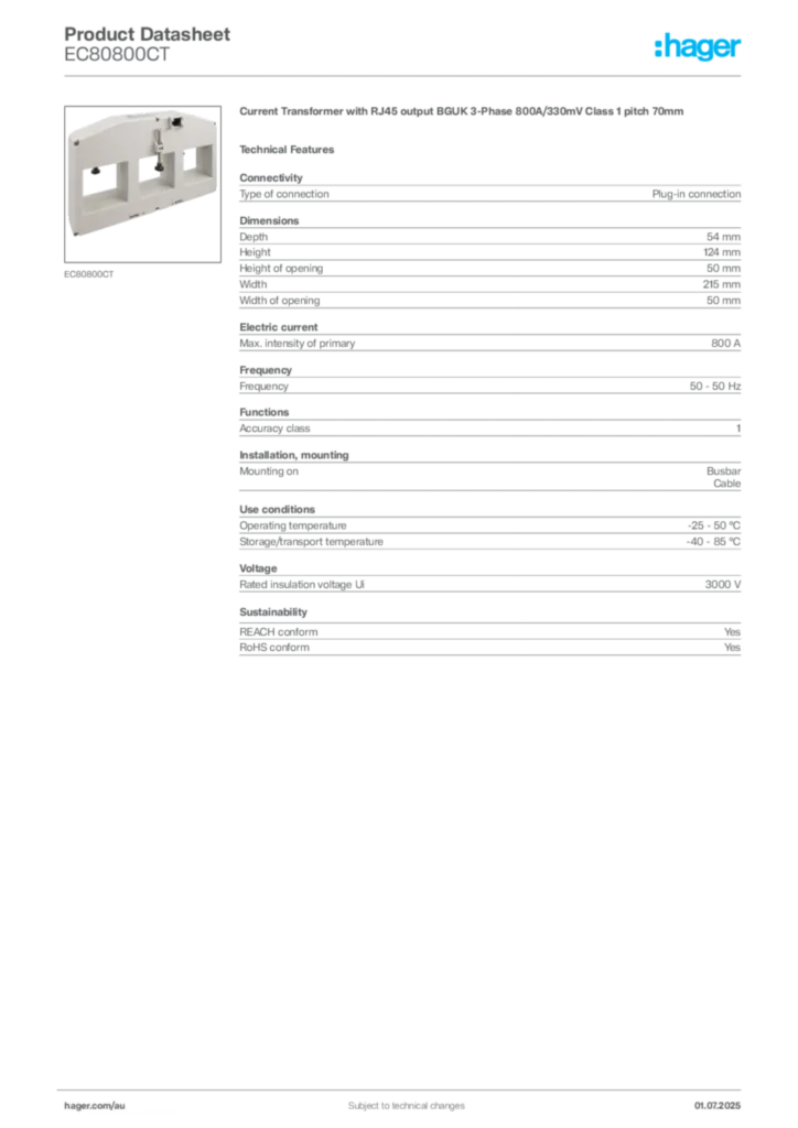 Image Hager Product data sheet EC80800CT  | Hager Australia