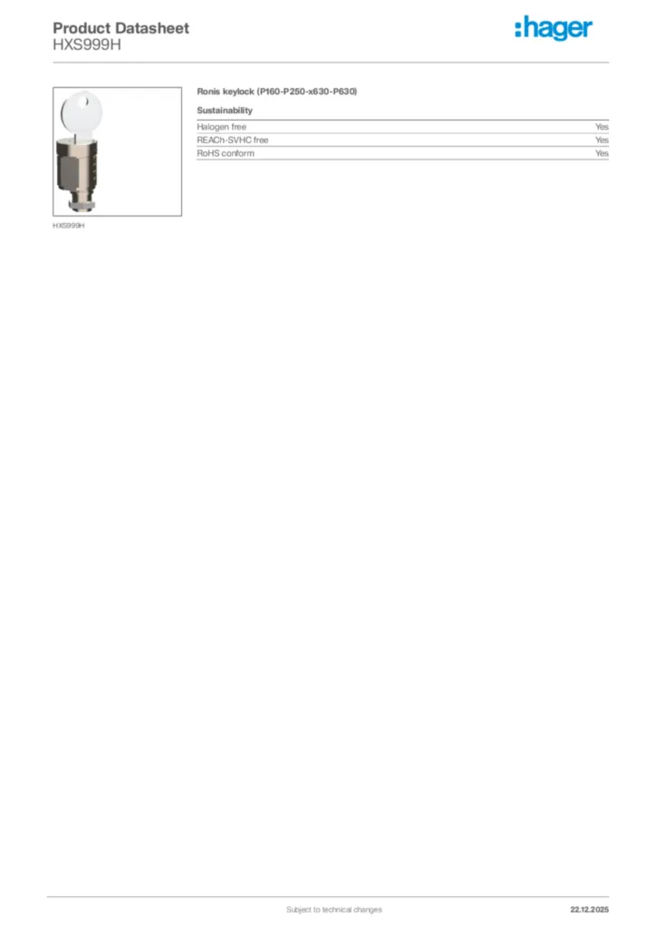 Image Hager Product data sheet HXS999H  | Hager Africa