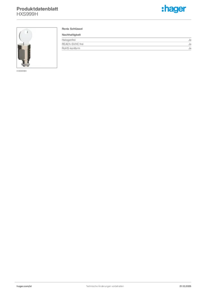 Bild Hager Produktdatenblatt HXS999H | Hager Deutschland