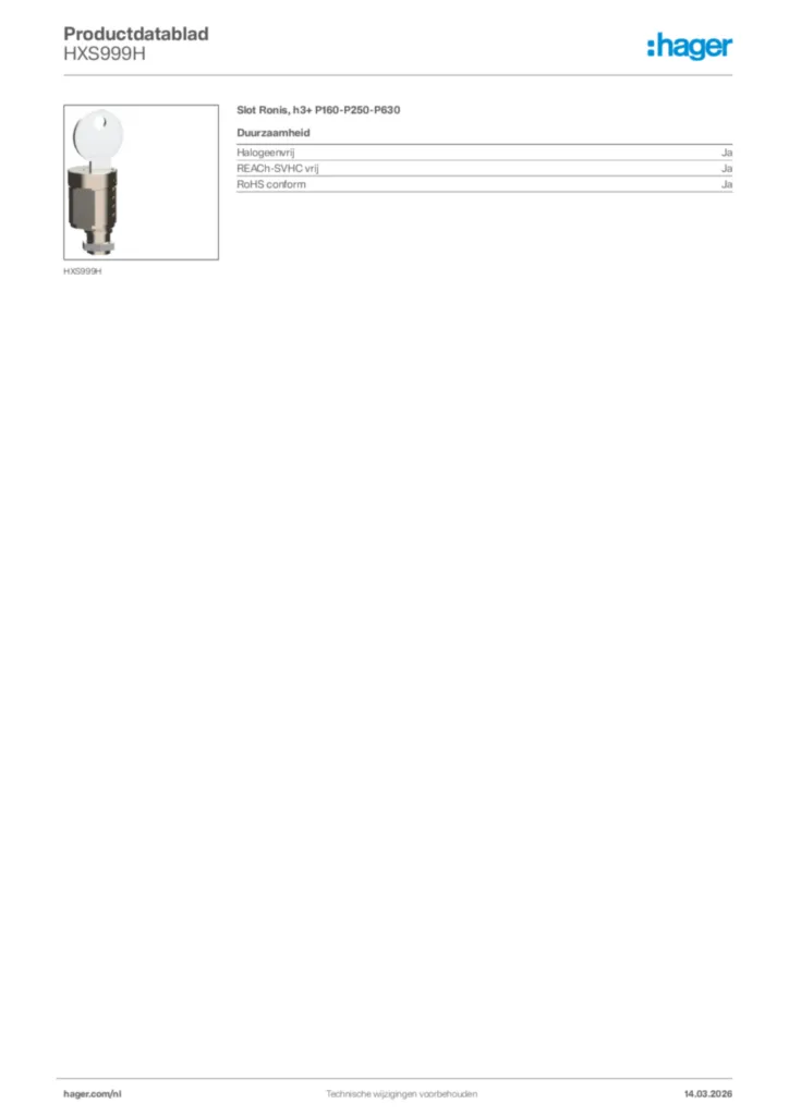 Afbeelding Hager Productdatablad HXS999H | Hager Nederland