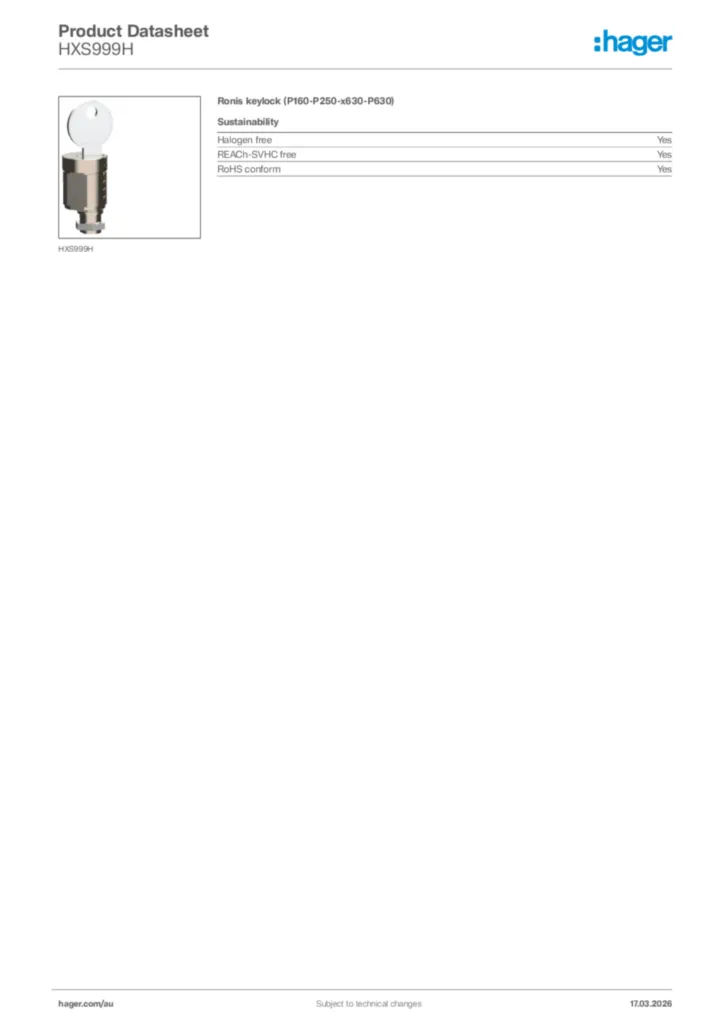 Image Hager Product data sheet HXS999H  | Hager Australia