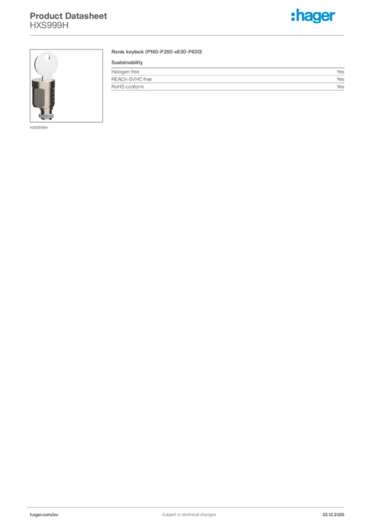 Image Hager Product data sheet HXS999H  | Hager Australia