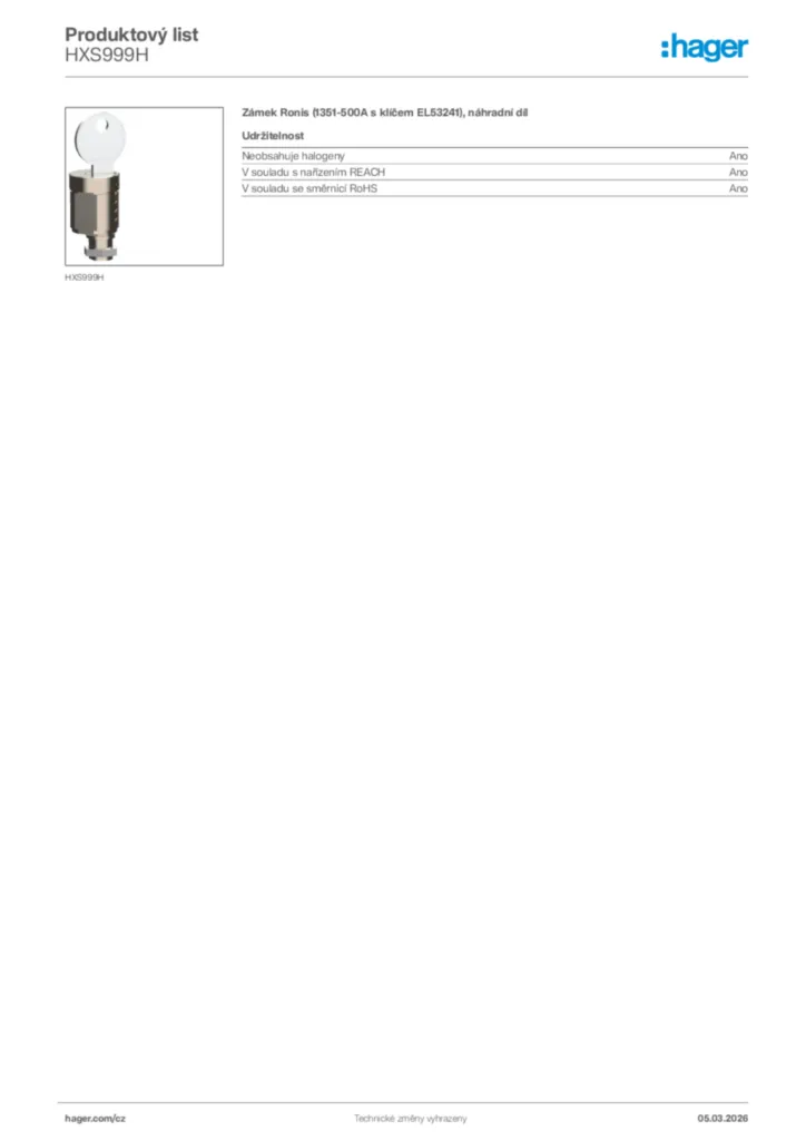 Obrázek Hager Product data sheet HXS999H | Hager