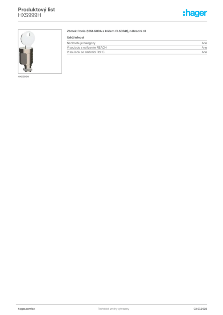 Obrázek Hager Produktový list HXS999H | Hager