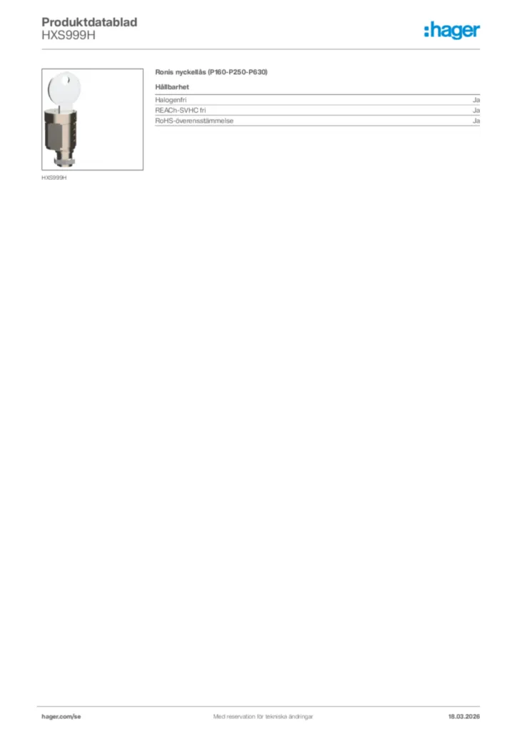 Bild Hager Produktdatablad HXS999H | Hager Sverige