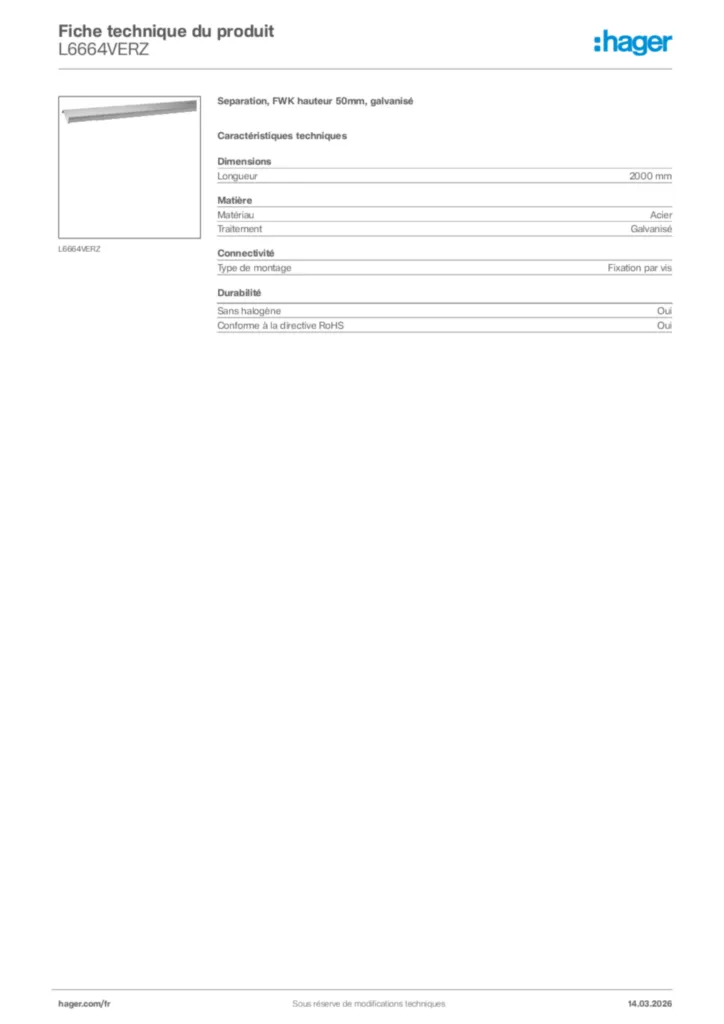 Image Hager Fiche technique du produit L6664VERZ | Hager France