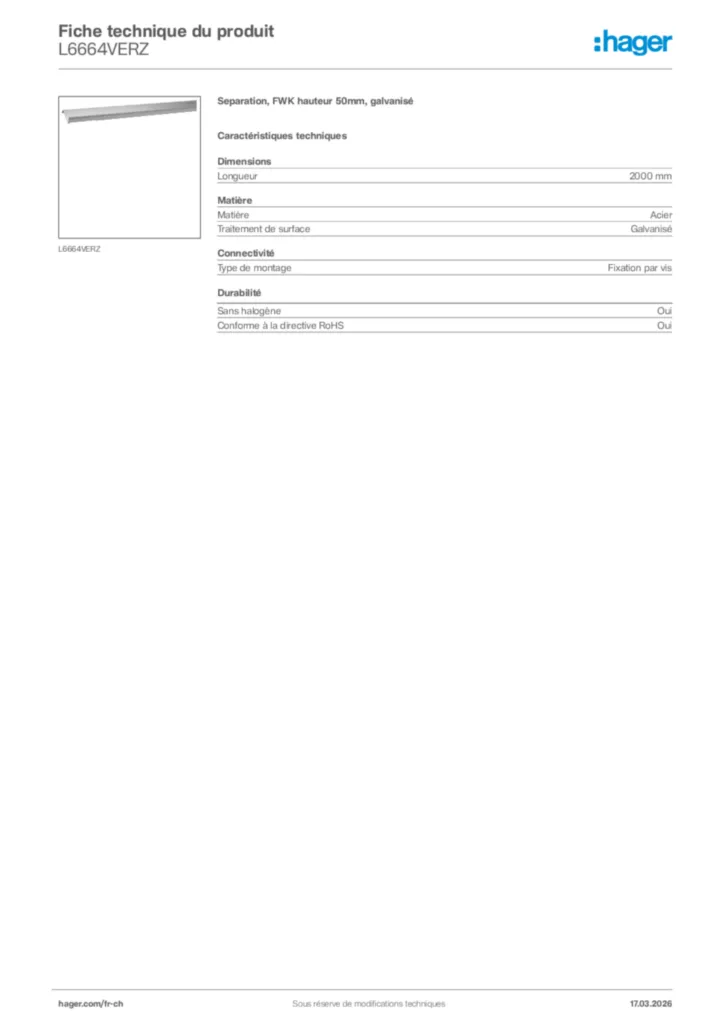 Image Hager Fiche technique du produit L6664VERZ | Hager Suisse