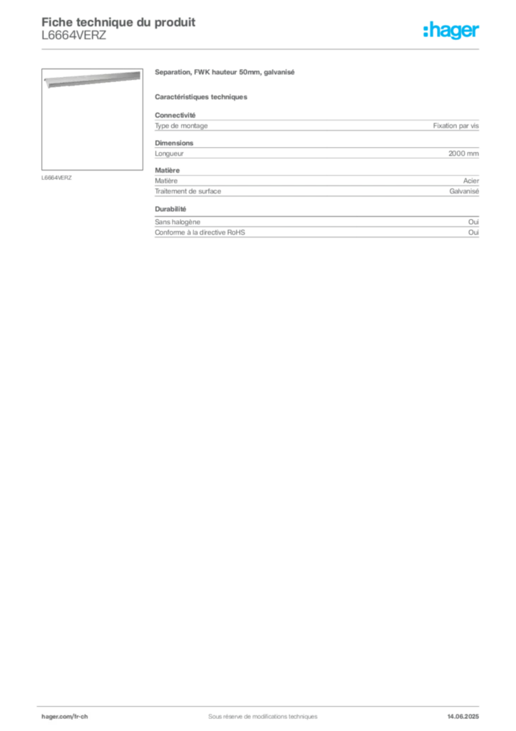 Image Hager Fiche technique du produit L6664VERZ | Hager Suisse