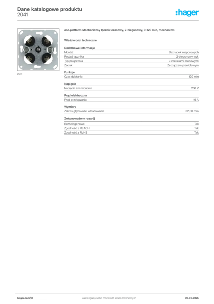Zdjęcie Hager Dane katalogowe produktu 2041 | Hager Polska