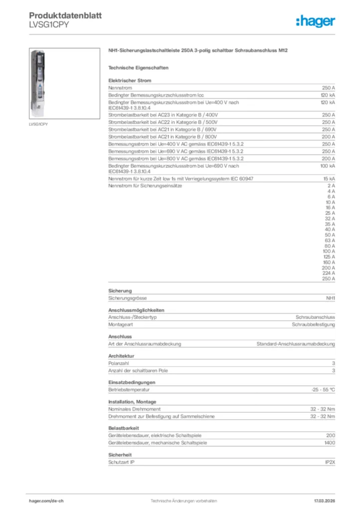 Bild Hager Produktdatenblatt LVSG1CPY | Hager Schweiz