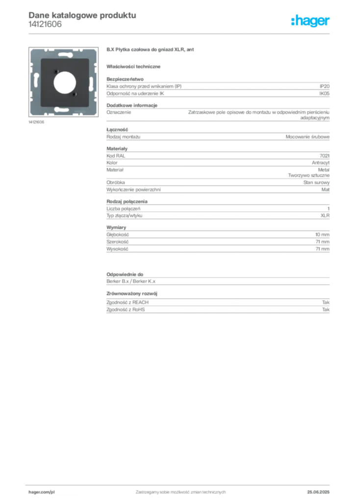 Zdjęcie Hager Dane katalogowe produktu 14121606 | Hager Polska