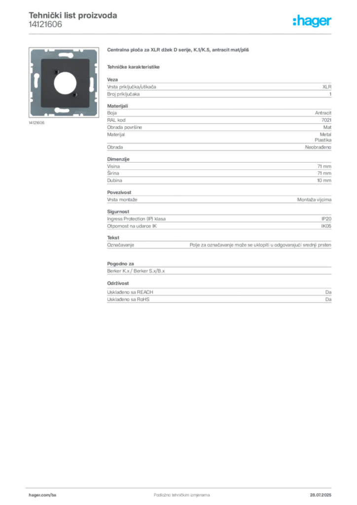 Slika Hager Product data sheet 14121606  | Hager
