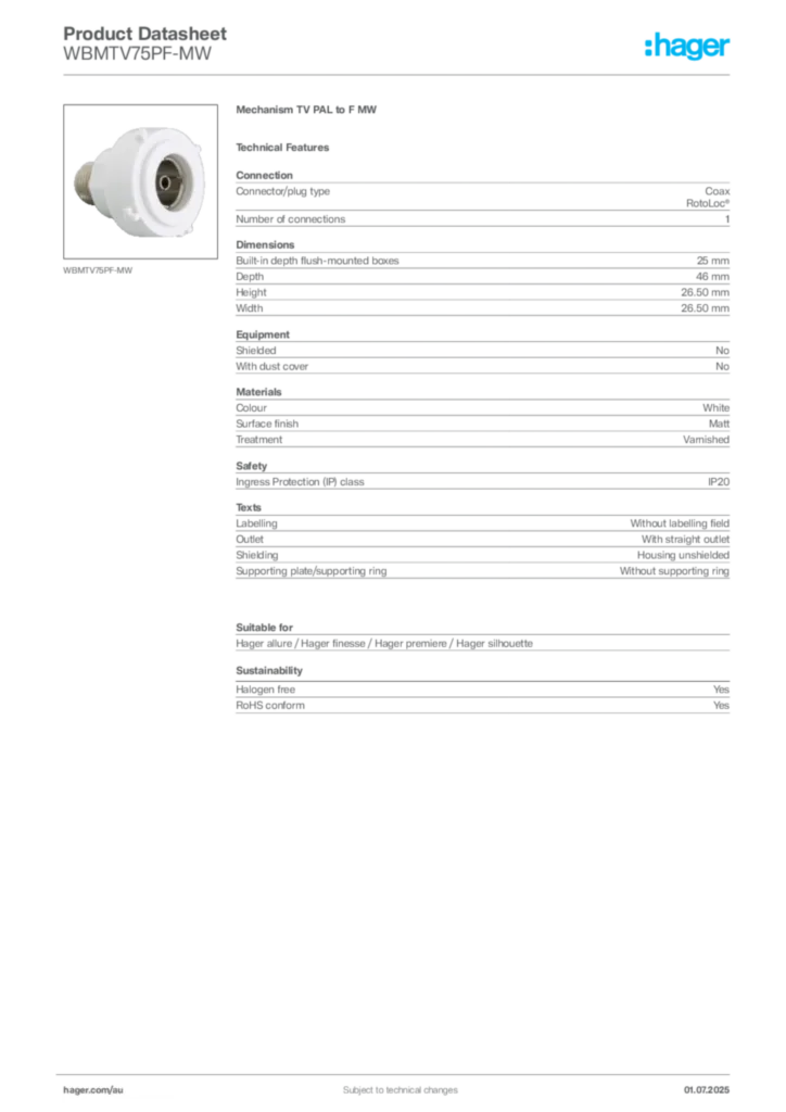 Image Hager Product data sheet WBMTV75PF-MW  | Hager Australia
