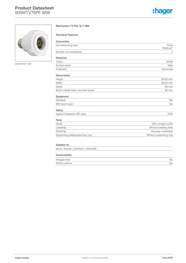 Image Hager Product data sheet WBMTV75PF-MW  | Hager Australia