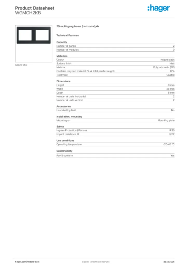 Image Hager Product data sheet WGMCH2KB  | Hager