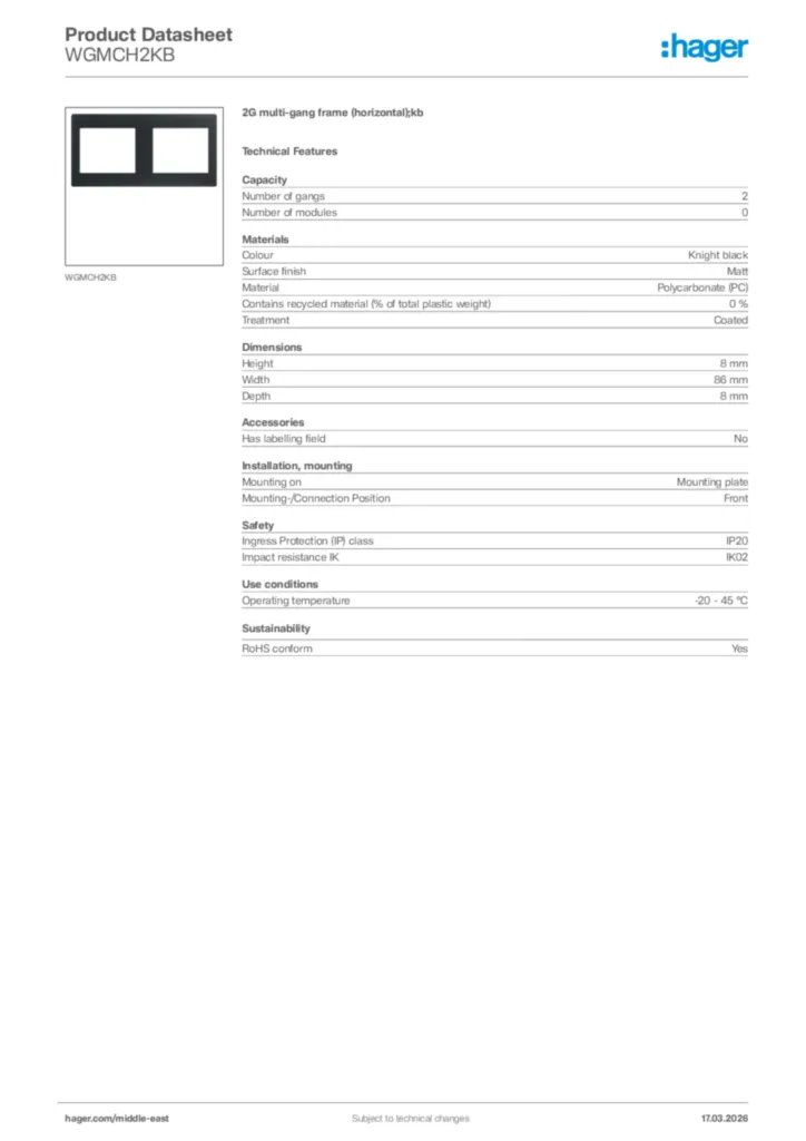 Image Hager Product data sheet WGMCH2KB  | Hager