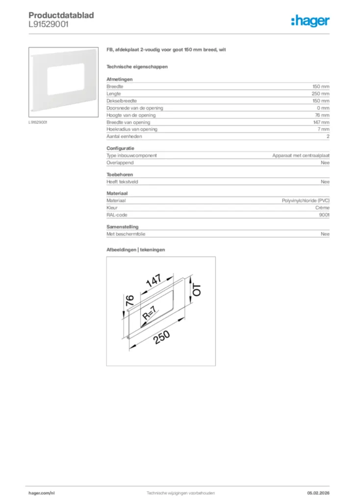 Afbeelding Hager Productdatablad L91529001 | Hager Nederland