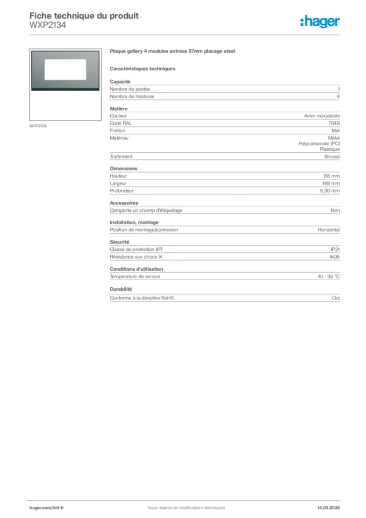 Image Hager Fiche technique du produit WXP2134 | Hager Afrique