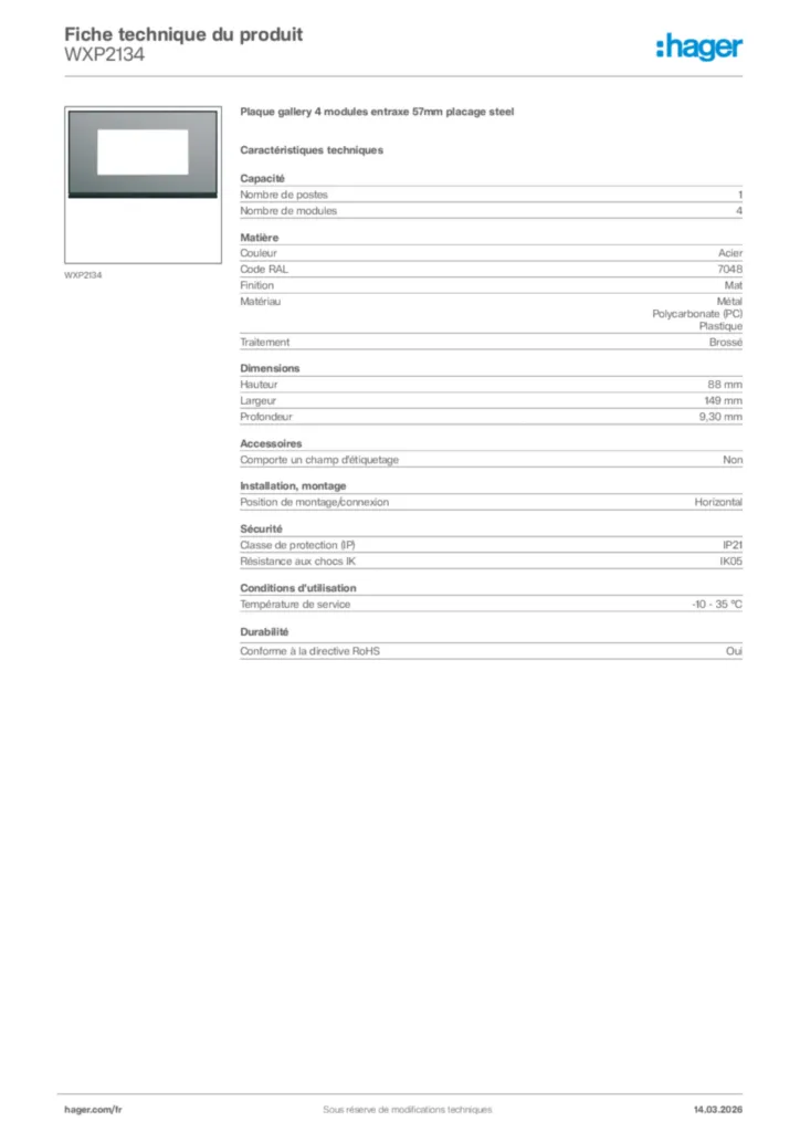 Image Hager Fiche technique du produit WXP2134 | Hager France