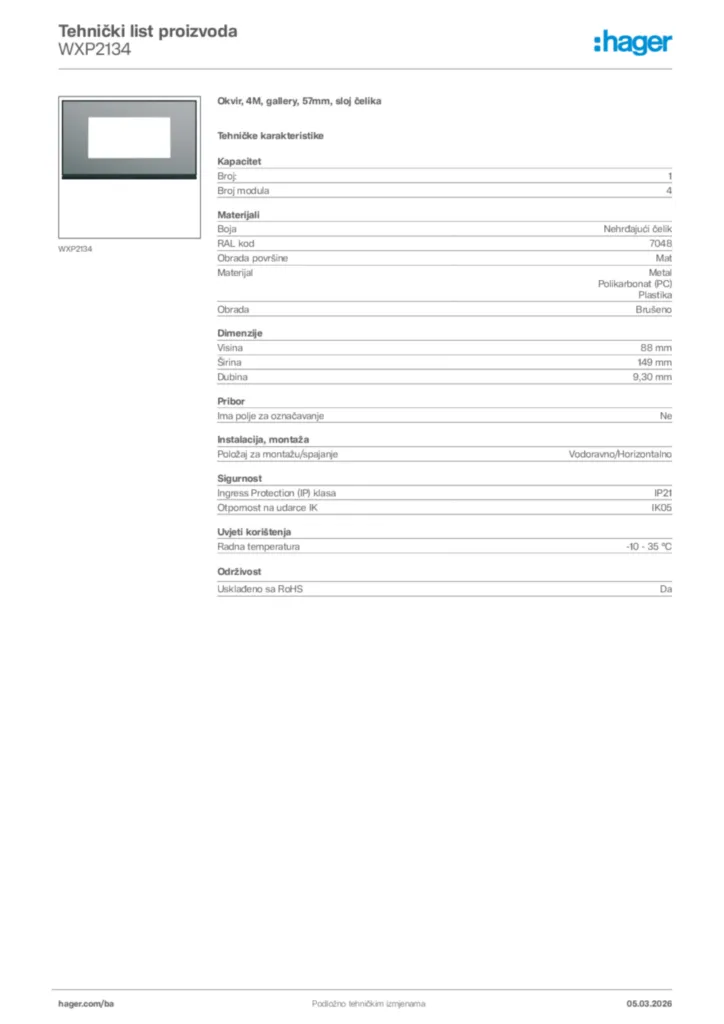 Slika Hager Tehnički list proizvoda WXP2134  | Hager