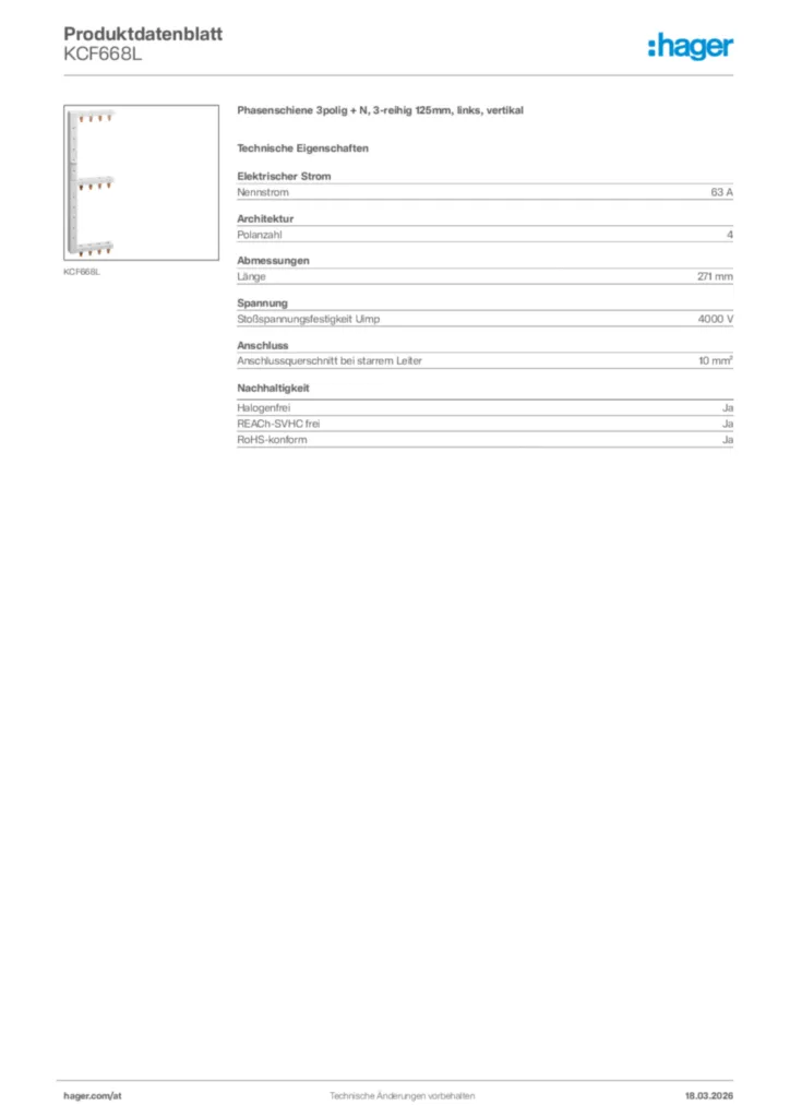 Bild Hager Produktdatenblatt KCF668L | Hager Deutschland