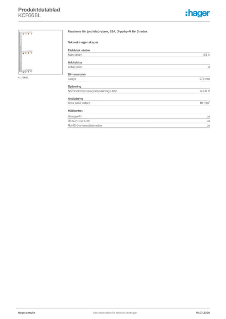Bild Hager Produktdatablad KCF668L | Hager Sverige