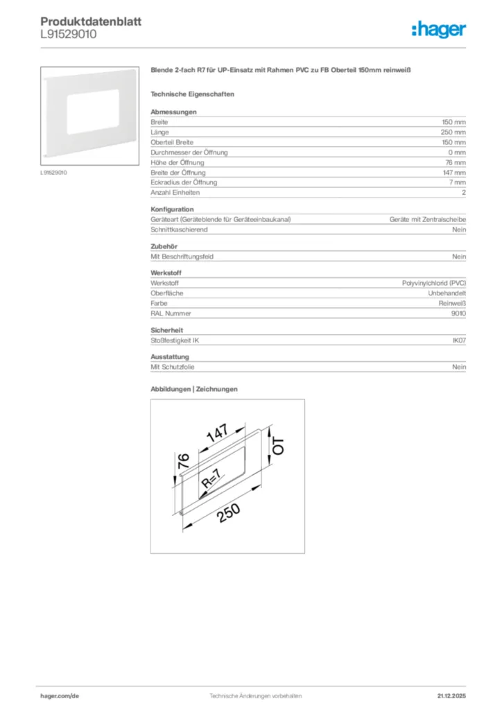 Bild Hager Produktdatenblatt L91529010 | Hager Deutschland