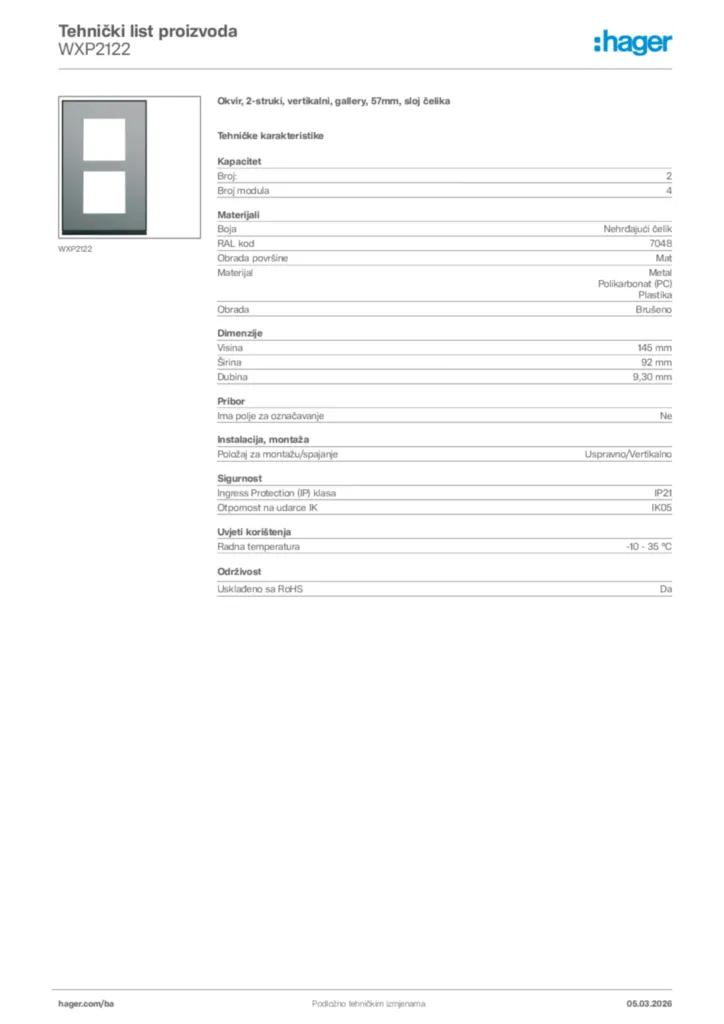 Slika Hager Tehnički list proizvoda WXP2122  | Hager