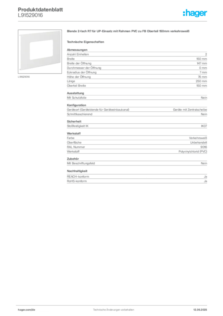 Hager Produktdatenblatt L91529016