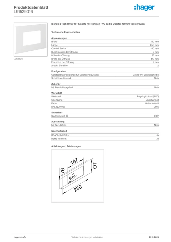 Bild Hager Produktdatenblatt L91529016 | Hager Deutschland