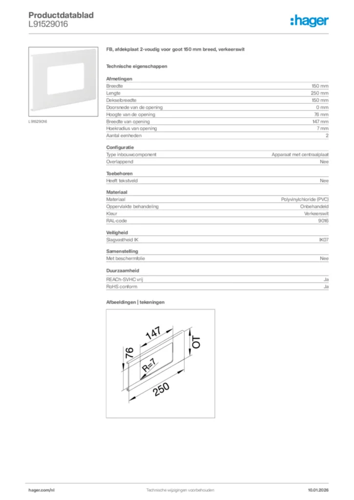 Afbeelding Hager Productdatablad L91529016 | Hager Nederland