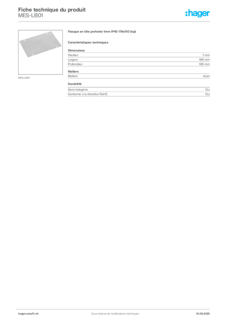Image Hager Fiche technique du produit MES-LB01 | Hager Suisse