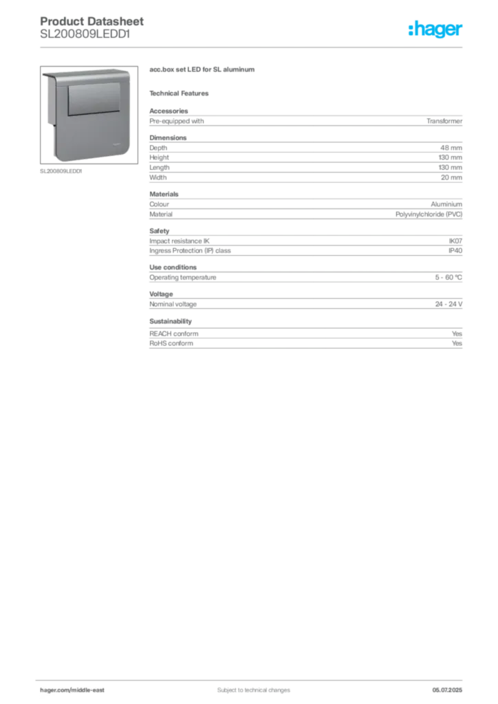 Image Hager Product data sheet SL200809LEDD1  | Hager