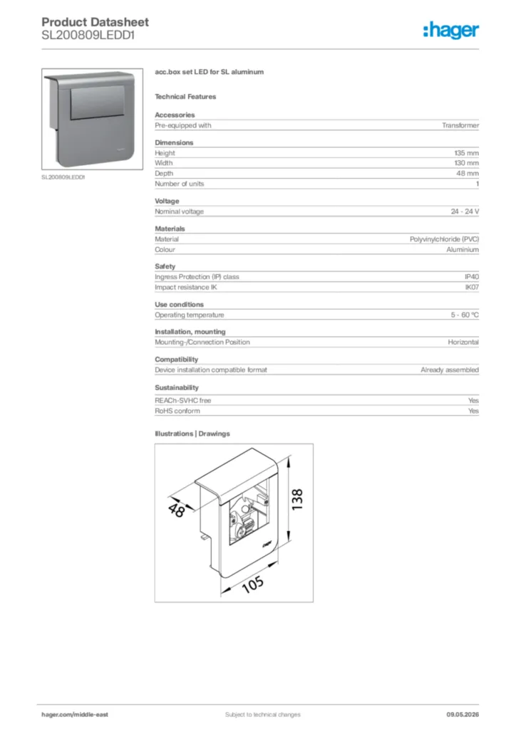 Image Hager Product data sheet SL200809LEDD1  | Hager