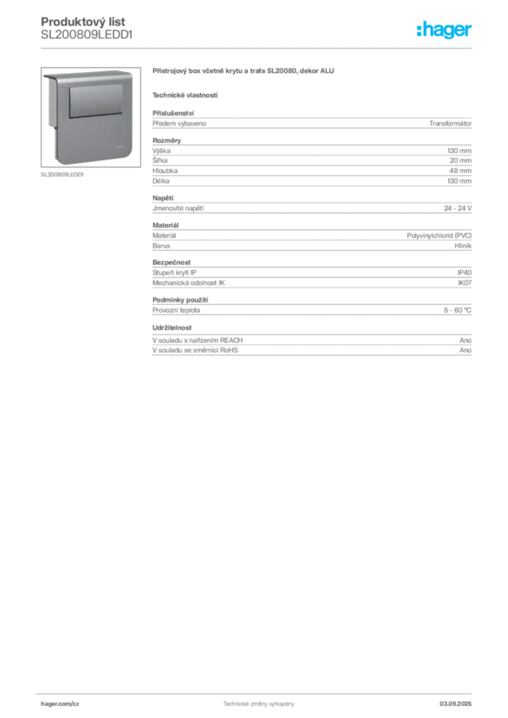 Obrázek Hager Produktový list SL200809LEDD1 | Hager