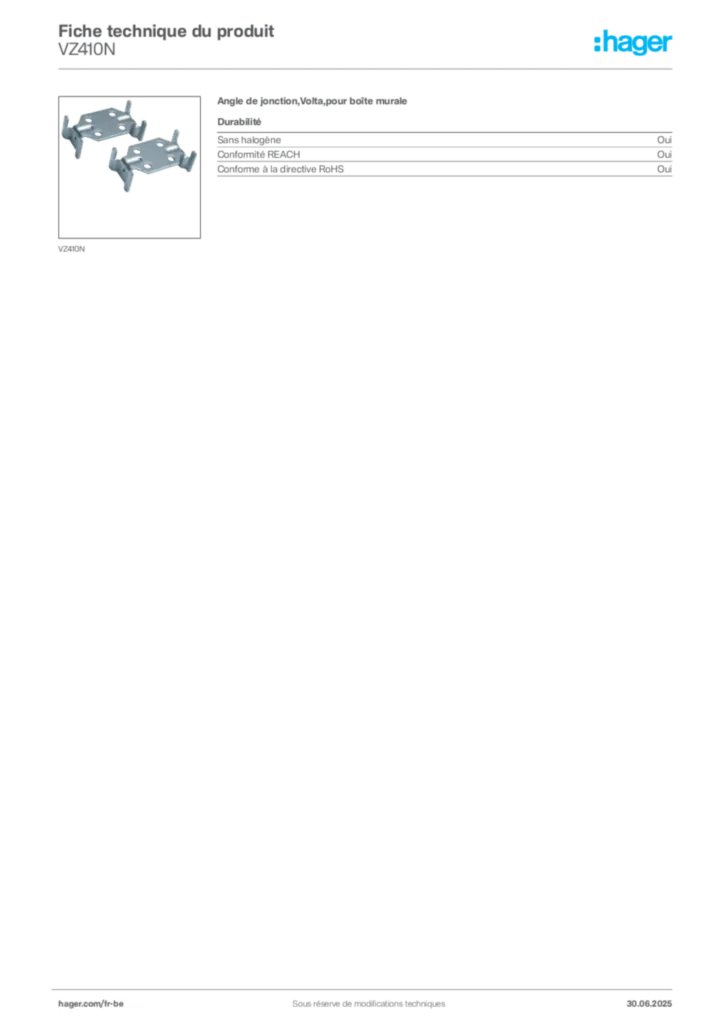 Image Hager Fiche technique du produit VZ410N | Hager Belgique