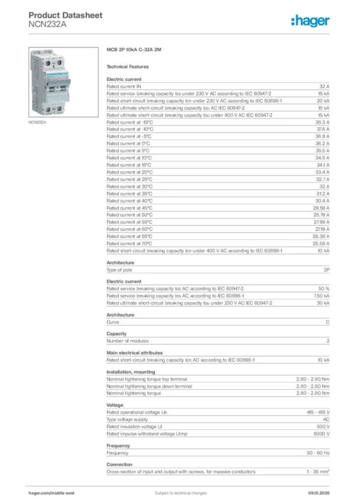 Image Hager Product data sheet NCN232A  | Hager