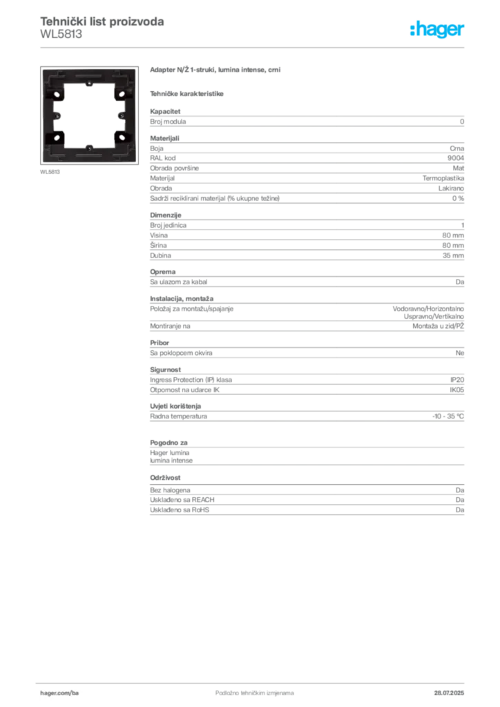 Slika Hager Product data sheet WL5813  | Hager