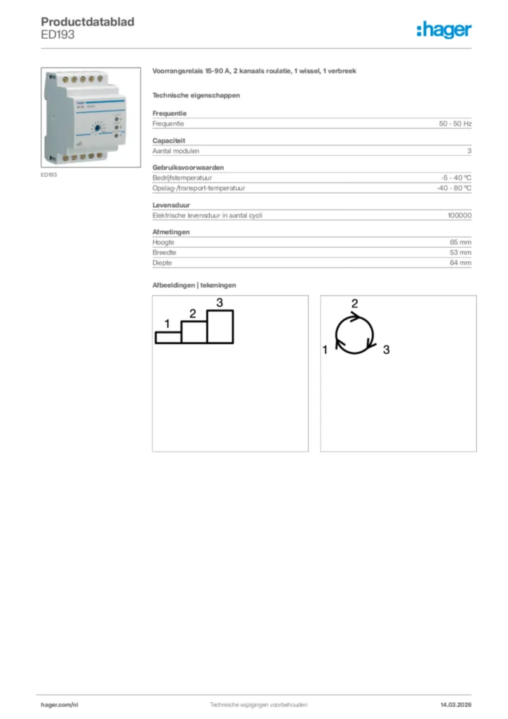 Afbeelding Hager Productdatablad ED193 | Hager Nederland