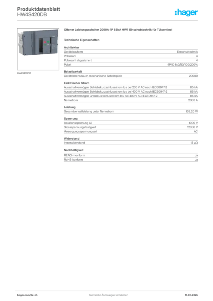 Bild Hager Produktdatenblatt HW4S420DB | Hager Schweiz