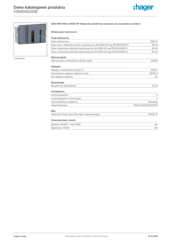 Zdjęcie Hager Dane katalogowe produktu HW4S420DB | Hager Polska