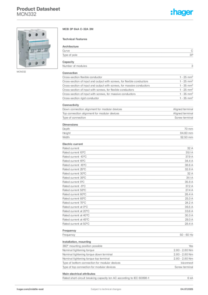 Image Hager Product data sheet MCN332  | Hager