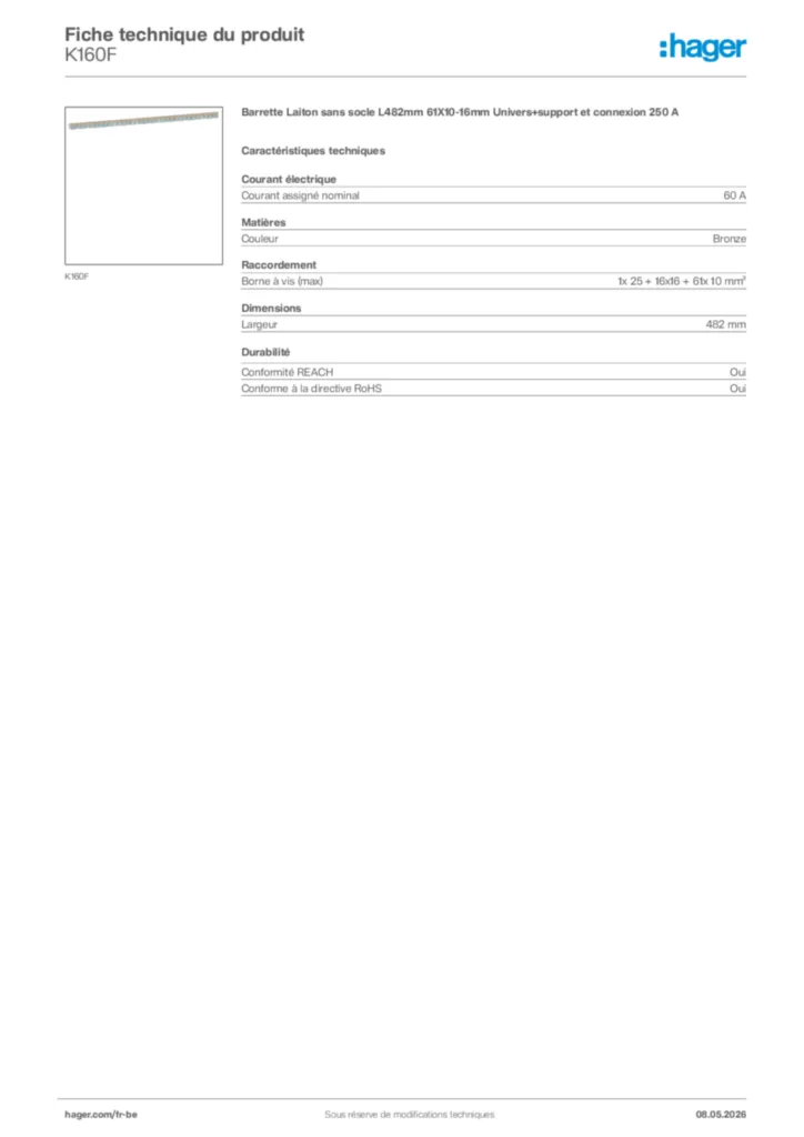Image Hager Fiche technique du produit K160F | Hager Belgique