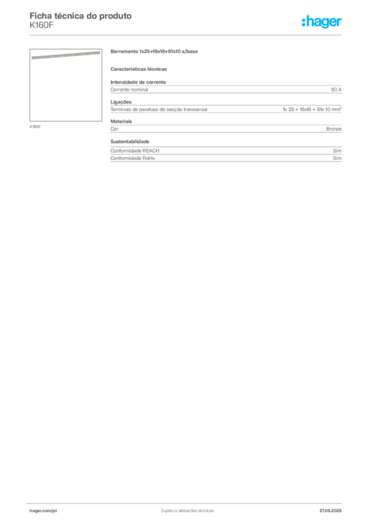 Imagem Hager Ficha técnica do produto K160F | Hager Portugal