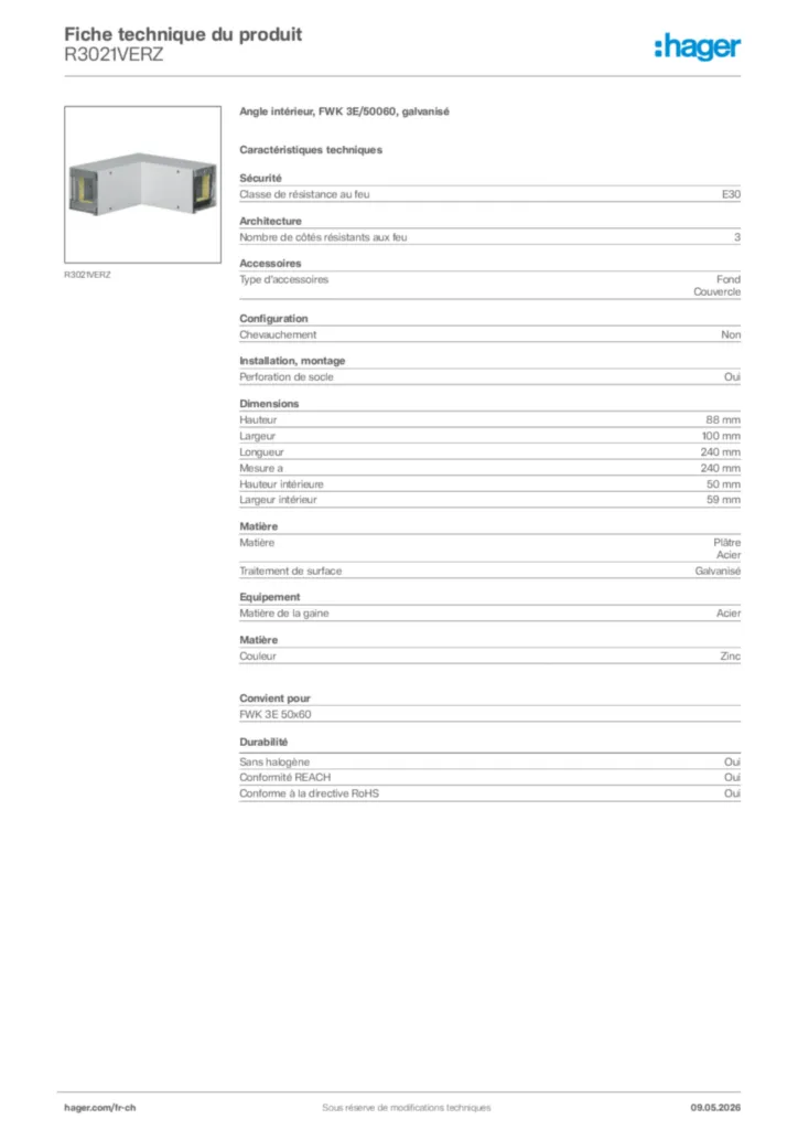 Image Hager Fiche technique du produit R3021VERZ | Hager Suisse