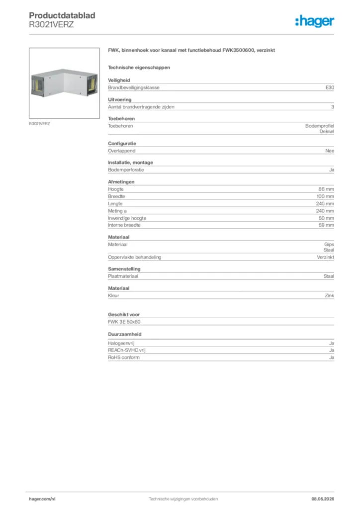 Afbeelding Hager Productdatablad R3021VERZ | Hager Nederland