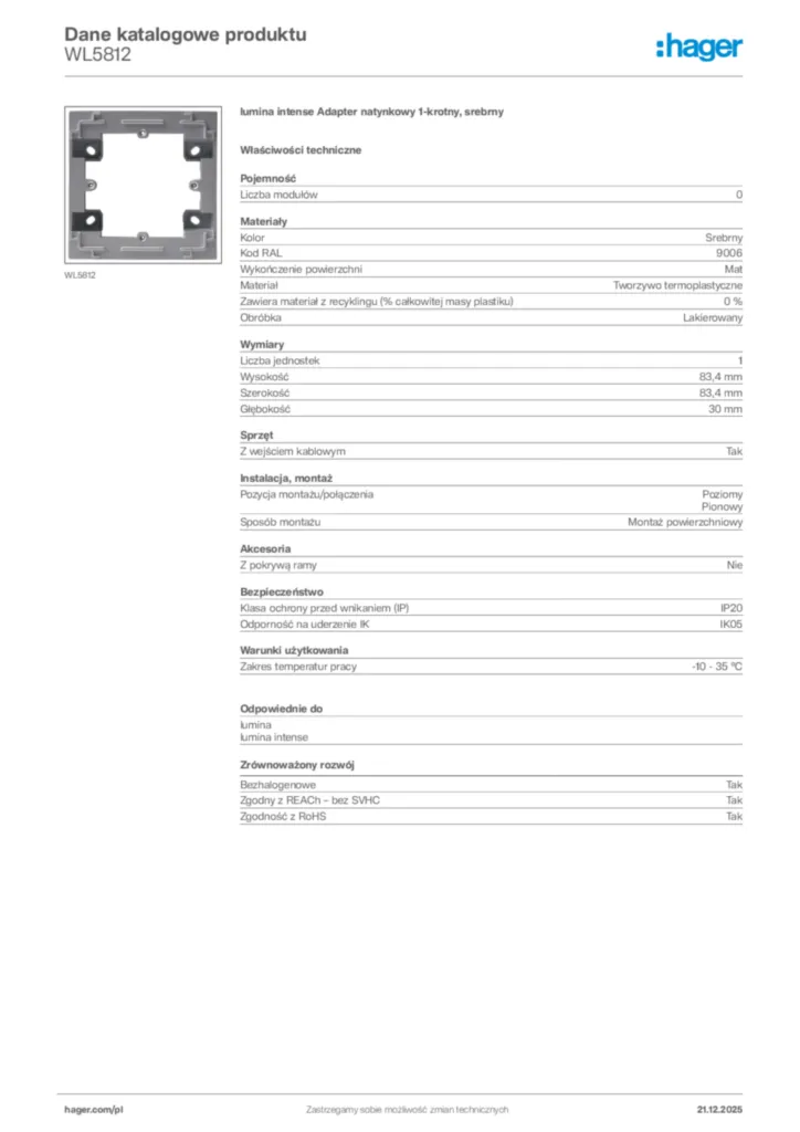 Zdjęcie Hager Dane katalogowe produktu WL5812 | Hager Polska